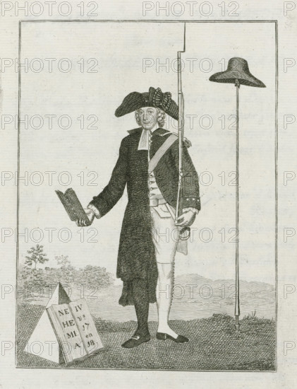On the Professorial Warrior, Patriot preacher Johan Jacob le Sage ten Broek, 1785, print, Representation in honor of the Rotterdam patriot preacher and professor Johan Jacob le Sage ten Broek, ca. 1785. Ten Broek is depicted on one half as a member of a volunteer corps in uniform with a rifle, and on the other half as a preacher with a Bible in his hand. Beside him is a lance with a liberty cap. On the ground is an open Bible on the book of Nehemiah. On the sheet below the image are two four-line verses. Accompanying the print is a text sheet with additional verses., printmaker, writer (clerical worker), Northern Netherlands, paper, etching, engraving, letterpress printing, engraving and letterpress printing, height 385 mm x width 252 mm, Person, Johan Jacob le Sage ten Broek, warfare, military affairs (citizen soldiery, civil guard, citizen militia), functionaries and dignitaries, Protestant churches, the book of Nehemiah (2 Ezra), Patriot Era (1780-1795), establishment of military tr...