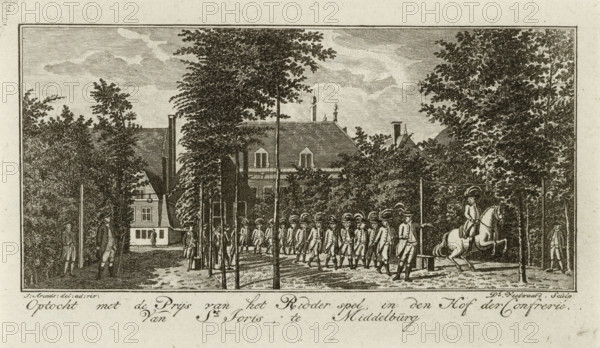 Procession with the Prize for the Knightly Game, in the Courtyard of the Confraternity of St. George in Middelburg, Procession with the prize for the knightly game of the Confraternity of St. George in Middelburg, ca. 1785-1786., print, Procession of marksmen with the prize for the knightly game (ring jousting), printmaker: Daniël Veelwaard (I), Northern Netherlands, after drawing by Jan Arends, Middelburg, 1785 - 1786, paper, etching, height 91 mm x width 156 mm, According to Muller used as an illustration in the Zeeuwsche (so-called) Chronicle Almanac, 1786., Person, Confraternity of St. George, military parade, pageant (citizen soldiery, civil guard, citizen militia), Period, A rectangular engraving shows a tree-lined open space with a large gabled building partially obscured by foliage in the background; rows of uniformed figures wearing tricorn hats march in formation along a path beneath the trees while a mounted rider on a prancing horse sits near a low horizontal bar supported ...