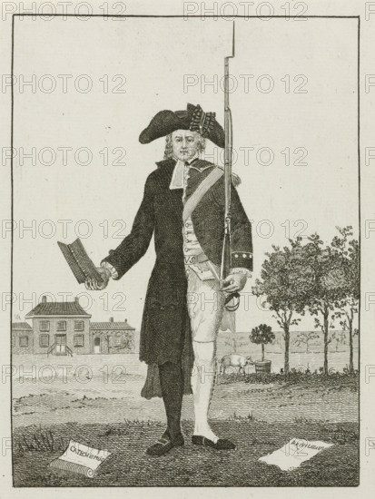 Caricature of the patriot preacher Johan Jacob le Sage ten Broek, 1785, Op den Professoraale Krygsman, cartoon, print, Caricature of the Rotterdam patriot preacher and professor Johan Jacob le Sage ten Broek, ca. 1785. Ten Broek is depicted on one half as a member of a volunteer corps in uniform with a rifle and on the other half as a preacher with a Bible in his hand. In the background, a pig is sniffing at an orange tree. On the sheet below the plate, two four-line verses., printmaker, Northern Netherlands, paper, etching, engraving, letterpress printing, engraving and letterpress, height 280 mm x width 152 mm, Person, Johan Jacob le Sage ten Broek, warfare, military affairs (citizen soldiery, civil guard, citizen militia), functionaries and dignitaries, Protestant churches, Patriot Era (1780-1795), establishment of military training societies (1783-1786), Rotterdam, Period, An engraved image of a standing man shown from head to toe, wearing a tricorne hat with a decorative bow and a...