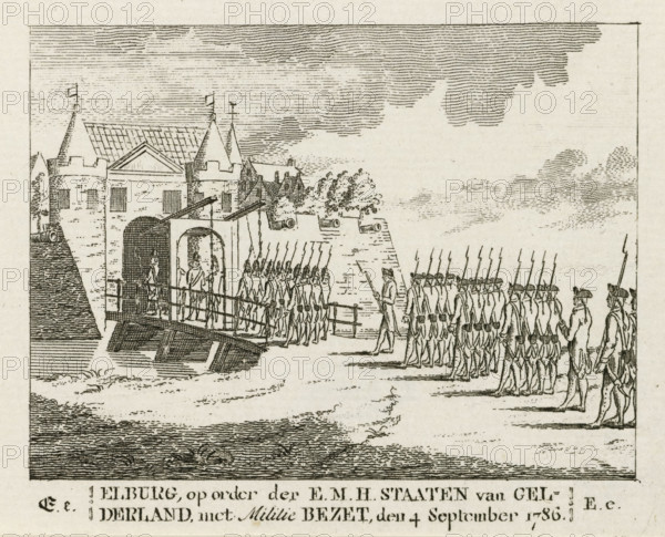 Elburg, by order of the EMH States of Gelderland, with Militia Command, on September 4, 1786, Capture of Elburg, print, Occupation of the city of Elburg by the stadholder's troops on September 6, 1786. Picture belonging to the letter E from an ABC book., printmaker, Northern Netherlands, paper, etching, height 81 mm x width 104 mm, Used as illustration in: Vorstelyke koninglyke en princelyke atlas, en dagboek van Nederlandsche evenementen, in de laatste jaaren voorgevallen. En eerlijk vaderlandsch, AB book. Amsterdam: Willem Coertse, 1790., capture of city (after the siege), Attack on Hattem and Elburg, Period, 1786-09-04, A detailed line drawing shows a fortified gateway with towers and crenellated walls, a drawbridge lowered over water, and soldiers in uniform standing in formation and marching with long pikes; a few figures stand within the arched gateway and on the bridge, while cannons protrude from the battlements and trees appear behind the walls beneath a sky filled with horizo...