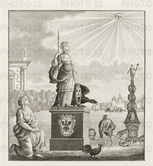 Moral Statue for Her Royal Highness, Madame the Princess of Orange, Born Princess of Prussia, Statue for Wilhelmina of Prussia, 1786, print, Allegroric statue in honor of Princess Wilhelmina of Prussia, following the mediation between the States of Holland and West Friesland and the Hereditary Stadtholder, 1786. Statue of the princess as an armed Amazon. On the right a monument with the princes of the House of Orange, on the left kneels Religion. In the sky the All-Seeing Eye. On the sheet below the plate an explanation of the representation and a verse in two columns. A pendant belongs to the plate., printmaker, Northern Netherlands, paper, etching, engraving, letterpress printing, engraving and book printing, height 383 mm x width 243 mm, Person, States of Holland and West Friesland, Wilhelmina of Prussia (1751-1820), monument, statue, the all-seeing eye, triangle with eye, symbol of God the Father, homage to a ruler, Patriot Era (1780-1795), Period, 1786-09 - 1786-10, A detailed eng...
