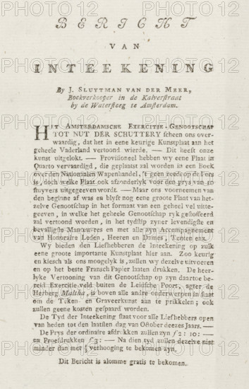 Notice of subscription to a large plate of the Exercise of the Amsterdam Exercise Society Tot Nut der Schuttery, 1786, Notice of Subscription, text sheet, publisher's brochure, Notice from the publisher regarding the possibility until the end of the month of October to subscribe to the large plate of the Exercise of the Amsterdam Exercise Society Tot Nut der Schuttery, 1786. Pending the appearance of that plate, the publisher has already released the plate in quarto. Text sheet printed on one side., publisher: J. Sluytman van der Meer, Amsterdam, J. Sluytman van der Meer, publisher, paper, letterpress printing, text in letterpress, height 256 mm x width 132 mm, Person, Exercise Society for the Benefit of the Militia, Patriot Period (1780-1795), Period, 1786-09 - 1786-10, A vertical aged paper sheet with a large centered decorative heading near the top and several lines of smaller printed paragraphs below, showing serif type in various sizes and styles, a prominent initial capital at th...