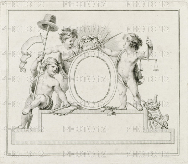 Membership card for the Vaderlandsche Sociëteit in Utrecht, 1795, print, membership certificate, Proof print of a membership card for the Vaderlandsche Sociëteit in Utrecht, founded 1795. Three putti around a medallion with the motto 'For Unity and the General Welfare'. The putti carry as attributes the spear with liberty cap, scales of Justice, and a sword with a wreath of oak leaves., printmaker: Reinier Vinkeles (I), Northern Netherlands, after drawing by WN Koopman, paper, etching, engraving, etching and engraving, proof print before the letter, height 111 mm x width 130 mm, Person, Vaderlandsche Sociëteit te Utrecht, Utrecht, Period, A detailed black and white engraving shows three cherubic children positioned around an ornate oval frame; one child on the left sits on stepped blocks holding a pole topped with a hat and flowing ribbon, another child behind the frame reaches over with arms extended toward a cluster of oak leaves and rays, and the third child on the right stands hold...
