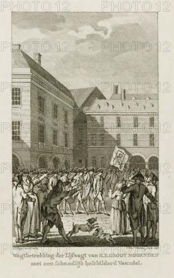 Raising of the guard at the Binnenhof with a shameful banner, 1787, Guard duty of the bodyguard of THE Great Mightinesses with a shamefully painted banner, print, historical print, At the Binnenhof in The Hague the guard marches with a shameful banner on which a gallows around the Dutch Lion is depicted, February 18, 1787., printmaker: Reinier Vinkeles (I), Amsterdam, after drawing by Jacobus Buys, Northern Netherlands, 1796, paper, etching, engraving, etching and engraving, height 218 mm x width 142 mm, Current state of print also used in: Loosjes, PA Vaderlandsche historie, vervattende de geschiedenissen der Vereenigde Nederlanden … Continuation of Wagenaar's Patriotic History. 48 volumes. Amsterdam: Johannes Allart, 1786-1811, vol. 16 (1796), between pp. 94 and 95., drill, military training, Patriot Era (1780-1795), The Hague, Binnenhof, Period, 1787-02-18, A monochrome engraving shows a crowd gathered in a courtyard framed by large multi-story buildings with rows of windows and arc...
