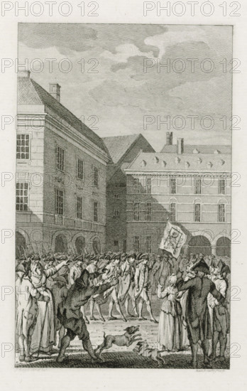 Raising of the guard at the Binnenhof with a shameful banner, 1787, print, historical print, At the Binnenhof in The Hague, the guard marches with a shameful banner on which a gallows around the Dutch Lion is depicted, February 18, 1787., printmaker: Reinier Vinkeles (I), Amsterdam, after drawing by Jacobus Buys, Northern Netherlands, in or before 1796, paper, etching, engraving, height 231 mm x width 151 mm, Later state of print also used in: Loosjes, PA Vaderlandsche historie, vervattende de geschiedenissen der Vereenigde Nederlanden … Ten vervolge van Wagenaars Vaderlandsche historie. 48 volumes. Amsterdam: Johannes Allart, 1786-1811, vol. 16 (1796), between pp. 94 and 95, drill, military training, Patriot Era (1780-1795), The Hague, Binnenhof, Period, 1787-02-18, A large rectangular courtyard scene framed by multi-story stone buildings with rows of windows and arched ground-level openings occupies most of the image, with a cloud-filled sky above. In the open space, a dense crowd of...