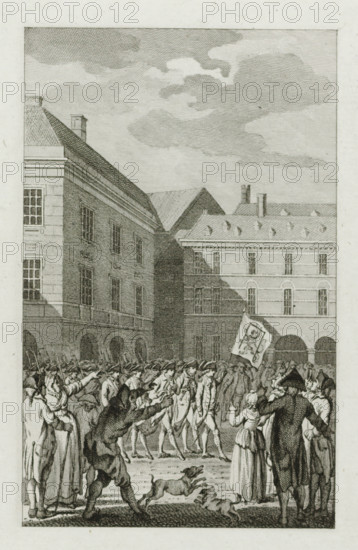 Raising of the guard at the Binnenhof with a shameful banner, 1787, print, historical print, At the Binnenhof in The Hague, the guard marches with a shameful banner on which a gallows around the Dutch Lion is depicted, February 18, 1787., printmaker: Reinier Vinkeles (I), Amsterdam, after drawing by Jacobus Buys, Northern Netherlands, in or before 1796, paper, etching, engraving, etching and engraving, proof print before the letter, height 165 mm x width 110 mm, Later state of print also used in: Loosjes, PA Vaderlandsche historie, vervattende de geschiedenissen der Vereenigde Nederlanden … Ten vervolge van Wagenaars Vaderlandsche historie. 48 volumes. Amsterdam: Johannes Allart, 1786-1811, vol. 16 (1796), between pp. 94 and 95., drill, military training, Patriot Era (1780-1795), The Hague, Binnenhof, Period, 1787-02-18, A tall courtyard scene framed by multi-story stone buildings with rows of windows and arched ground-level openings, a pitched roof and chimneys visible against a cloud...