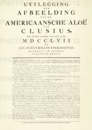 Explanation of the print of the flowering American Aloe, 1757, Explanation of the Illustration of the American Aloe by Clusius, which bloomed in the summer of the year MDCCLVII by Jac. Schuurmans Stekhooven, florist in Leyden, text sheet, Text sheet with an explanation of the plate of the American Aloe or Agave that bloomed in the summer of 1757 at the Leiden flower grower Jacobus Schuurmans Stekhoven., printer (person): Izaak Enschedé, Haarlem, printer (person): Johannes Enschedé (I), printer (person), paper, letterpress printing, text in letterpress, height 575 mm x width 470 mm, Period, A cream-colored page with black printed elements arranged in a centered, vertical layout, featuring large bold serif headings at the top and smaller dense lines of cursive-like printed text filling the lower half, separated by a thin horizontal rule; the paper shows a slightly aged texture and even margins around the printed content.