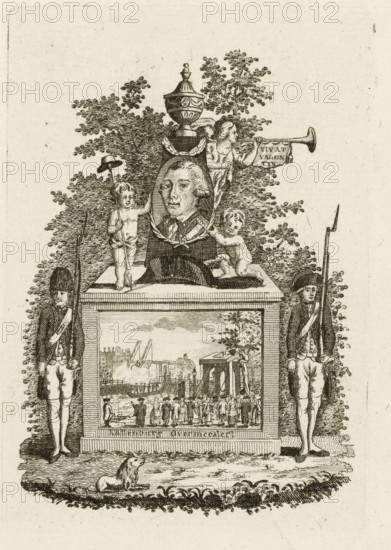 Monument to Abraham Valentijn and the Conquest of Kattenburg, 1787, print, Allegory with a depiction on a pedestal of the conquest of Kattenburg from the rebellious Orangists by the armed Amsterdam citizens on May 30, 1787. On the monument a small portrait of Colonel Abraham Valentijn who led this action, with engineers, the Faam and two soldiers on guard., printmaker, Northern Netherlands, paper, etching, engraving, height 125 mm x width 85 mm, Person, Abraham Valentijn, battle (citizen soldiery, civil guard, citizen militia), Kattenburg Uprising, Amsterdam, Kattenburgerbrug, Period, 1787-05-30, An engraved scene shows a sculpted plinth topped by a framed portrait medallion flanked by two cherubic figures and crowned with an urn; a figure to the right of the urn blows a long trumpet with a small banner, while one cherub holds a pole with a hat and the other rests a hand on the lower edge of the medallion; two uniformed soldiers stand at attention on either side of the plinth, each hol...