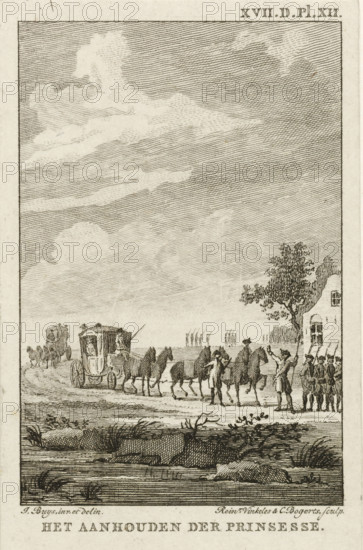 Arrest of the Princess at Goejanverwellesluis, 1787, The arrest of the princess, print, Arrest of the carriage with Princess Wilhelmina of Prussia by an exercise society at Goejanverwellesluis, June 28, 1787. Marked top right: XVII.D.Pl.XII., printmaker: Reinier Vinkeles (I), Northern Netherlands, printmaker: Cornelis Bogerts, after drawing by Jacobus Buys, 1787 - 1795, paper, etching, height 96 mm x width 61 mm, Used as illustration in: J. Fokke, Histories of the United Netherlands for the Fatherland Youth, Johannes Allart, Amsterdam 1783-1795, 25 volumes, vol. 17, pl. 12., Person, Wilhelmina of Prussia (1751-1820), arrest (of criminal), Arrest of Princess Wilhelmina at Goejanverwellesluis, Goejanverwellesluis, Period, 1787-06-28, A tall rectangular engraving showing a wide sky with layered, hatched clouds above a flat landscape; near the horizon a long carriage pulled by several horses moves left to right with a driver perched on it and a standing figure nearby; to the right a group ...