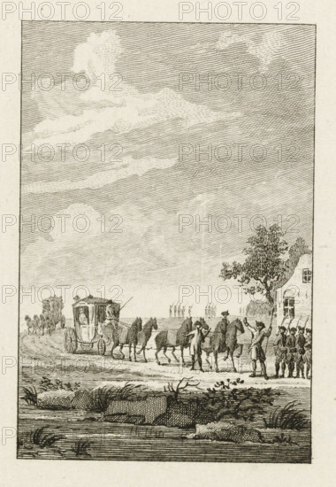 Arrest of the Princess at Goejanverwellesluis, 1787, print, Arrest of the carriage with Princess Wilhelmina of Prussia by a militia at Goejanverwellesluis, June 28, 1787., printmaker: Reinier Vinkeles (I), Northern Netherlands, printmaker: Cornelis Bogerts, after drawing by Jacobus Buys, 1787 - 1795, paper, etching, proof print before the letter, height 123 mm x width 89 mm, Used as illustration in: J. Fokke, Geschiedenissen der Vereenigde Nederlanden voor de vaderlandsche jeugd, Johannes Allart, Amsterdam 1783-1795, 25 delen, vol. 17, pl. 12., Person, Wilhelmina of Prussia (1751-1820), arrest (of criminal), Arrest of Princess Wilhelmina at Goejanverwellesluis, Goejanverwellesluis, Period, 1787-06-28, A vertical etched scene showing a wide sky with fine horizontal shading and a few lighter cloud shapes, a distant horizon line with small upright shapes, and a foreground road with a horse-drawn covered carriage, multiple horses in harness, and several human figures around the animals; to...