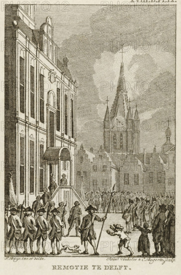 Remotion in Delft, 1787, print, View of the town hall in Delft occupied by patriots demanding the replacement of the eleven council members, August 21, 1787. Marked at the top: XVIII.D.Pl.IX., printmaker: Reinier Vinkeles (I), Northern Netherlands, printmaker: Cornelis Bogerts, after drawing by Jacobus Buys, 1787 - 1795, paper, etching, engraving, etching and engraving, height 95 mm x width 61 mm, Used as an illustration in: J. Fokke, Geschiedenissen der Vereenigde Nederlanden voor de vaderlandsche jeugd, Johannes Allart, Amsterdam 1783-1795, 25 volumes, vol. 18, pl. 9., occupation, war (citizen soldiery, civil guard, citizen militia), Patriot Era (1780-1795), Delft, City Hall (Delft), Period, 1787-08-21, A detailed engraved street scene shows a tall multi-story building on the left with many tall, narrow windows, decorative molding, and a small awning over an entrance reached by steps where a few figures stand; in the foreground and extending into the middle distance a formation of un...