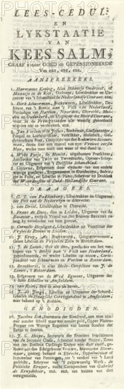 Name list accompanying the print depicting the funeral of a dead salmon, 1787, Reading Record and Funeral Record of Kees Salm, text sheet, Text sheet with a list of the names of the persons indicated by the numbers 1-32 in the funeral procession in the caricature of the Count of Salm. Printed on both sides., publisher: anonymous, Northern Netherlands, paper, letterpress printing, text in letterpress, height 305 mm x width 98 mm, Person, Count of Salm Frederik III, Patriots flee Utrecht, Period, 1787-09 - 1787-10, The image shows an aged printed page with dense, justified text in a serif typeface, including several larger bold headings near the top and smaller body text below; the paper has a slightly yellowed tone with faint foxing and darker edges, and the ink shows variations in darkness and occasional smudging; there are decorative flourishes and varied type sizes creating emphasis in certain lines, with even margins on both sides and narrow spacing between paragraphs; the overall l...