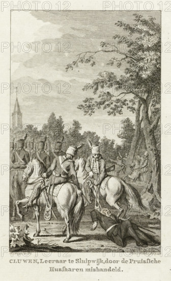 Cluwen, Pastor in Sluipwijk, mistreated by Prussian Hussars, Mistreatment of Reverend Cluwen in Sluipwijk, print, historical print, Mistreatment of a patriotic minister named Cluwen by Prussian hussars, in Sluipwijk (near Goejanverwellesluis) on September 19, 1787. Two Prussian horsemen drag the minister by ropes behind their horses to Gouda., printmaker: Reinier Vinkeles (I), Northern Netherlands, after drawing by Jacobus Buys, 1796, paper, etching, engraving, etching and engraving, height 235 mm x width 155 mm, Used as illustration in: PA Loosjes. Patriotic history, containing the histories of the United Netherlands, in the immediate continuation of Wagenaar's Patriotic history. Amsterdam: Johannes Allart, vol. 17., soldiers and civilians, Prussian invasion of the Republic, Sluipwijk, Period, 1787-09-19, A detailed black and white engraving shows a wooded outdoor scene with tall trees on the right and distant foliage in the background, a church steeple visible far left. In the foregr...