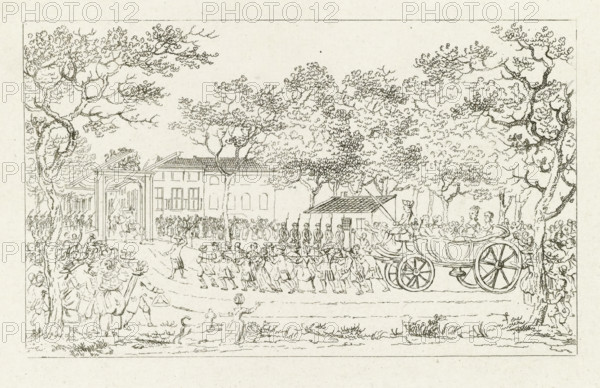 Welcome of the Princess of Orange and the children, 1787, print, Welcome of the Princess of Orange and the children by the citizenry in The Hague, September 24, 1787. The open carriage with the royal family is being pulled by men and women along the road to the Boschbrug. With pendant., printmaker: Mathias de Sallieth, Northern Netherlands, after drawing by Maria Margaretha la Fargue, paper, etching, etching print, proof of the unfinished plate before the letter, height 124 mm x width 198 mm, Used as an illustration in: De Haagsche princelyke en Koninglyke almanach, for the leap year 1788. Johannes François Jacobs d'Agé: The Hague, 1788., Person, Wilhelmina of Prussia (1751-1820), public festivities at other royal events, not meant or mentioned above, human being(s) drawing or pushing a vehicle not usually propelled by manpower, Restoration of stadtholder Willem V (1787), political history, The Hague, Period, 1787-09-24, A wide ink drawing shows a wooded outdoor scene with many trees f...