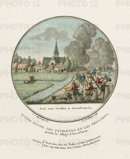 Attack on Amstelveen, 1787, Action for Fallen to Amstelveen in, Action between the Patriots and the Prussians, near the village of Amstelveen, French plates of the Prussian attacks near Amsterdam in 1787, print, Attack on the city of Amstelveen by the Prussian troops, October 1, 1787. Residents flee from the city. Part of a series of four French representations of the Prussian attacks around Amsterdam, in round medallions., printmaker: Joseph-Alexandre Le Campion, France, after drawing by GA Meysenheym, publisher: Buffa et Compagnie, Jos., Amsterdam, publisher: Ambresonne, Paris, 1787 - 1790, paper, etching, aquatint, à la poupée, hand coloring, etching en aquatint à la poupée, hand colored, height 195 mm x width 158 mm, (military) attack, Prussian invasion of the Republic, Amstelveen, Period, 1787-10-01, A circular watercolor scene shows a village with a row of houses and a church with a tall steeple near the center left, surrounded by trees and low hedges; a grassy field and a narrow...