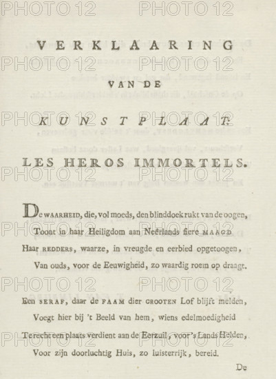 Explanation of the art plate: Les Heros Immortels, Explanation in verse form accompanying the print: Immortal heroes, 1787, text sheet, Text sheet with an explanation in verse form of the representation of the print with the allegory on the restoration of Stadtholder William V in 1787. Folded sheet with five couplets., writer (clerical worker): Thomas van Limburg, Northern Netherlands, writer (clerical worker), paper, letterpress printing, text in letterpress, height 217 mm x width 142 mm, Person, William V (Prince of Orange-Nassau), Restoration of Stadtholder William V (1787), Period, A cream-colored sheet with printed lines and blocks of dark serif type set in varying sizes, arranged in centered lines near the top and left-aligned paragraphs lower down, showing slight unevenness in ink density and faint impressions from the printing process, with ample margins and a subtle paper texture that includes small specks and a few tiny darker spots.