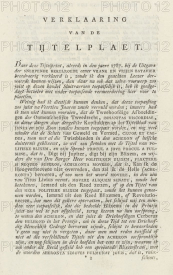 Explanation of the title page: De Bataafsche menschlijkheid, 1801-1804, text sheet, Text sheet with an explanation of the Orangist allegorical representation in which a Batavian as Hercules drives the monster of Discord to hell. Page printed on both sides. Used in work by Johannes le Francq van Berkhey from 1801-1804., writer (clerical worker): Johannes le Francq van Berkhey, Northern Netherlands, 1787, 1801 - 1804, writer (clerical worker), paper, letterpress printing, text in letterpress, height 225 mm x width 124 mm, Text sheet from: Johannes le Francq van Berkhey. De Bataafsche menschlijkheid. Leiden: Johannes van Thoir, 1801 or 1804., Restoration of Stadtholder William V (1787), Period, A sheet of aged paper with printed text in a serif typeface arranged in centered headings at the top followed by dense paragraphs of smaller type, the topmost heading set in widely spaced uppercase letters, a secondary centered line beneath it in smaller uppercase, and a larger word in uppercase wi...