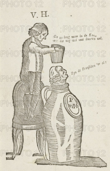 Caricature of Pieter Witmond, 1787, cartoon, print, Caricature of the Amsterdam patriot delegate and pottery seller Pieter Witmond, 1787. Only Witmond's head protrudes from a jug marked PWM. An unknown man (marked VH) stands on a chair behind the jug and wants to put the stopper in the jug. With inscriptions., printmaker, Northern Netherlands, paper, woodcut, letterpress printing, woodcut with text in letterpress, height 164 mm x width 105 mm, Person, Pieter Witmond, political caricatures and satires, container of ceramics: jar, jug, pot, vase, Restoration of Stadtholder William V (1787), Amsterdam, Period, A monochrome woodcut-style image showing a man standing on a stool and reaching into a bucket held above the head of a large jug with a human-like head; the standing figure wears a jacket and breeches with visible button details and has hair styled back, while the jug has a handle, a rounded body with striped shading, a collar around the neck, and a sculpted face looking upward; the...