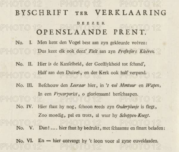 Caption for the Explanation of this Fold-Open Print, Text sheet accompanying the caricature of Johan Jacob le Sage ten Broek, 1787, cartoon, text sheet, Text sheet accompanying the caricature of the patriot preacher Johan Jacob le Sage ten Broek, dismissed by the Rotterdam city council after the restoration of the Prince of Orange, October 1787. Two-line verses numbered I-VI., writer (clerical worker): anonymous, Northern Netherlands, writer (clerical worker), paper, letterpress printing, text in letterpress, height 155 mm x width 185 mm, Person, Johan Jacob le Sage ten Broek, Restoration of Stadtholder William V (1787), Rotterdam, Period, 1787-10, A close-up of an aged, off-white printed page with dark serif type arranged in centered and left-aligned lines, showing variations in font weight and style, visible paper texture with small brown spots and slight discoloration, and well-defined margins.