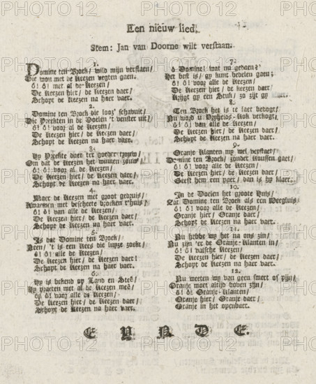 A new song, to those so-called Patriots, on the Patriotic Cartoonists, On the burnt-down Keeze- or Doghouse, on the Conscience-Being, Songs on the patriots, 1787, text sheet, song, Sheet with five satirical songs on the patriots, after the restoration of the Prince of Orange in 1787. Folded sheet with the text of five different songs, one song featuring a vignette with a man with a big nose., writer (clerical worker): anonymous, Northern Netherlands, writer (clerical worker), paper, letterpress printing, woodcut, text in letterpress with vignette in woodcut, height 205 mm x width 157 mm, Restoration of Stadtholder William V (1787), Period, A sheet of aged, off-white paper printed with dense columns of dark, ornate blackletter text, showing a larger stylized heading at the top and smaller blocks of verse or lines arranged in two main vertical columns, with occasional bold initial letters and ornamental typographic marks interspersed; the ink shows uneven printing and faint smudges in pl...