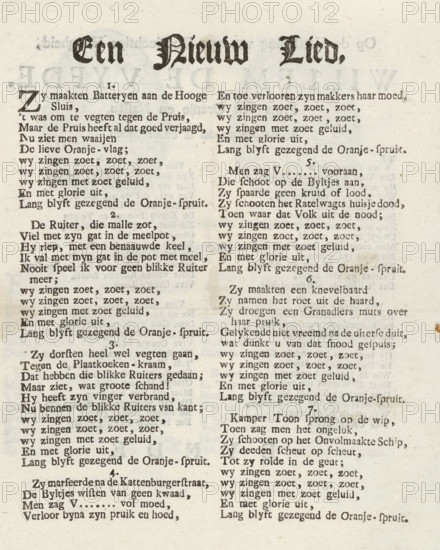 Song on the Patriot Horseman and the Pancake Stall, 1787, A New Song, On the Restoration of His Serene Highness, William V, Prince of Orange and Nassau, To our Freedom-loving Countrymen, A New Song. On the Joy of the Militia in Amsterdam, text sheet, song, Sheet with a song about the volunteer corpsman who jumped into the stall of a Jewish pancake seller, 1787. Sheet with four satirical songs about the patriots after the restoration of the Prince of Orange in 1787., writer (clerical worker): anonymous, Northern Netherlands, writer (clerical worker), paper, letterpress printing, text in letterpress, height 220 mm x width 155 mm, Patriot Era (1780-1795), Period, A faded printed page with dense columns of old-fashioned black type on aged beige paper, showing a large ornate title at the top and multiple paragraphs of verse arranged in two narrow columns separated by a faint vertical space, with occasional larger decorative initial letters and section numbers, irregular ink density and slig...