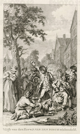The body of the Reverend P. van den Bosch mishandled, Mishandling of the body of minister P. van den Bosch in Zoetermeer, 1787, print, historical print, Mishandling of the body of Leiden Remonstrant Patriot minister P. van den Bosch by Orangist supporters in Zoetermeer, November 1787., printmaker: Reinier Vinkeles (I), Northern Netherlands, after drawing by Jacobus Buys, 1798, paper, etching, engraving, etching and engraving, height 172 mm x width 111 mm, Used as illustration in: PA Loosjes. Vaderlandsche historie, vervattende de geschiedenissen, der Vereenigde Nederlanden, Ten onmiddelyken vervolge van Wagenaar's Vaderlandsche historie. Amsterdam: Johannes Allart, vol. 20., Person, P. van den Bosch, violation of the corpse, Patriottentijd (1780-1795), Zoetermeer, Period, 1787-11, A detailed black and white engraving shows a crowded outdoor scene with a large leafy tree on the left and a row of tall buildings on the right; in the foreground several men in period clothing surround a fig...