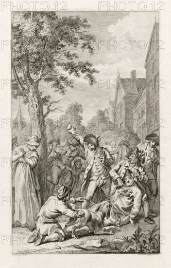 Mistreatment of the body of minister P. van den Bosch in Zoetermeer, 1787, print, historical print, Mistreatment of the body of Leiden Remonstrant Patriot minister P. van den Bosch by Orangists in Zoetermeer, November 1787., printmaker: Reinier Vinkeles (I), Northern Netherlands, after drawing by Jacobus Buys, 1798, paper, etching, engraving, etching and engraving, proof print before the letter, height 240 mm x width 155 mm, Used as illustration in: PA Loosjes. Vaderlandsche historie, vervattende de geschiedenissen, der Vereenigde Nederlanden, Ten onmiddelyken vervolge van Wagenaar's Vaderlandsche historie. Amsterdam: Johannes Allart, vol. 20., Person, P. van den Bosch, violation of the corpse, Patriottentijd (1780-1795), Zoetermeer, Period, 1787-11, A detailed monochrome engraving depicts a crowded outdoor scene with numerous figures gathered beneath tall trees and in front of multi-story buildings; men wear period coats and tricorn hats while a few women wear long dresses and bonnets...