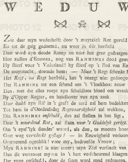 The Weeping Widow, Epitaph for Johannes Rannink, text sheet, poem, Sheet with an epitaph for Johannes Rannink, leader of the 'bijltjes', the rebellious Orangist Amsterdam ship carpenters who rose up against the patriotic city government on the island of Kattenburg. Killed in action on May 30, 1787 and buried on December 8, 1787. 22-line verse on the front of a double-folded sheet with mourning margins. On the reverse side, the sheet is addressed to Ploos van Amstel in Amsterdam., writer (clerical worker): anonymous, Northern Netherlands, 1787-12, writer (clerical worker), paper, letterpress printing, text in letterpress, height 224 mm x width 183 mm, Person, Cornelis Ploos van Amstel, Johannes Rannink, Kattenburg Uprising, Amsterdam, Kattenburg, Period, 1787-12-08, A close-up of a printed page showing rows of serifed text in a dark ink on a light textured paper, with a large decorative initial at the start of the top paragraph and a small row of ornamental symbols including crossed swo...