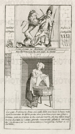 I shave and cut the mustaches properly, My Chief Engineer I made twenty on Thursday, 1787, Brabant lion shaves the Austrian, Brabant Revolution, 1787-1790, cartoon, print, The Brabant lion as a barber shaves an Austrian soldier with a saber. At the bottom, a Brabant woman washes the ministerial trousers. With French inscriptions. Part of a large group of prints relating to the events of the Brabant Revolution and the period 1787-1790., printmaker, Southern Netherlands, paper, etching, engraving, height 157 mm x width 87 mm, A vertical engraving divided into two main framed scenes, the upper scene showing a uniformed man seated on a chair with a tall feathered hat and a long musket resting beside him, while a standing lion with a mane places its front paws on the man's chest and appears to touch his face, a small dish on the floor near the lion's paws and decorative vertical lines in the background, and narrow side panels with small illustrations and text-like markings; the lower scene ...