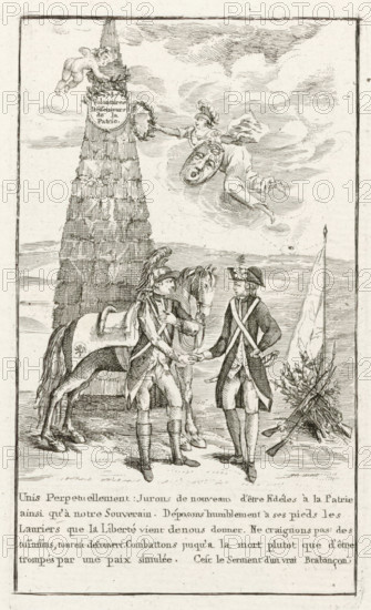 Monument in honor of the voluntary defenders of the Brabant fatherland, 1787, Brabant Revolution, 1787-1790, print, Allegory with a monument in honor of the voluntary defenders of the freedom of the Brabant fatherland, 1787. A horseman and an infantryman shake hands in front of the monument. Minerva hangs a laurel wreath on the monument. With a five-line French caption. Part of a large group of prints relating to the events of the Brabant Revolution and the period 1787-1790., printmaker, Southern Netherlands, paper, etching, engraving, height 152 mm x width 88 mm, A vertical engraved scene framed by a thin border shows a tall brick obelisk on the left with a cherub at its top and a round medallion attached to its side, while a winged female figure hovers in the sky to the right of the obelisk reaching out with a laurel wreath toward the obelisk and holding a shield. In the foreground two uniformed men face each other and clasp hands; one stands beside a saddled horse and wears a plumed...