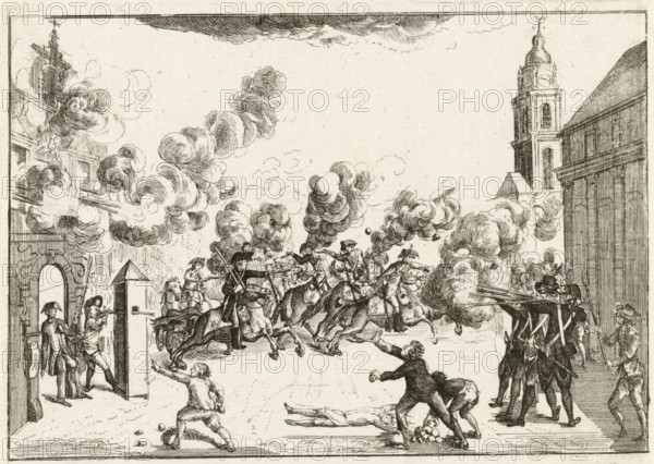 Affair of the Grain Market following the Tragedy of September 20, 1787 Glorious Day for the Brawler Brussels, Incident at the Grain Market in Brussels, 1787, Brabant Revolution, 1787-1790, print, Shooting between Austrian soldiers and Brabant volunteers at the Grain Market in Brussels, September 20, 1787. With a 5-line caption in French. Part of a large group of prints relating to the events of the Brabant Revolution and the period 1787-1790., printmaker, Southern Netherlands, paper, etching, engraving, height 174 mm x width 200 mm, A monochrome etching shows a street scene with plumes of dark smoke rising from multiple points, ornate buildings framing the scene on both sides, and a tall clock tower visible on the right. Soldiers in tricorn hats and uniforms ride horses in formation across the center, some with lances or muskets, while other armed figures on foot take aim from the sides. Several fallen bodies lie on the ground, and a few civilians stand or gesture amid the chaos. On th...