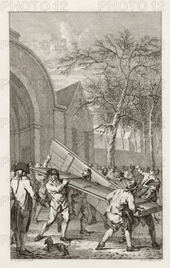 Removal of the doors of the city gate at Franeker, 1788, print, historical print, The removal of the doors of the city gate of Franeker, February 1788., printmaker: Reinier Vinkeles (I), Northern Netherlands, after drawing by Jacobus Buys, 1795 - 1797, paper, etching, engraving, etching and engraving, proof print before the letter, height 240 mm x width 158 mm, Used as illustration in: PA Loosjes. Vaderlandsche historie, vervattende de geschiedenissen, der Vereenigde Nederlanden, Ten onmiddelyken vervolge van Wagenaar's Vaderlandsche historie. Amsterdam: Johannes Allart, vol. 19 (1797)., Franeker, Period, 1788-02, A detailed black and white engraving shows a group of men carrying a large coffinlike box through an outdoor scene with bare trees and architectural arches. The men wear period clothing including hats, coats, and breeches, and several are shown straining to lift and balance the heavy object while others gesture or assist. A small dog stands on the ground near the men's feet. ...