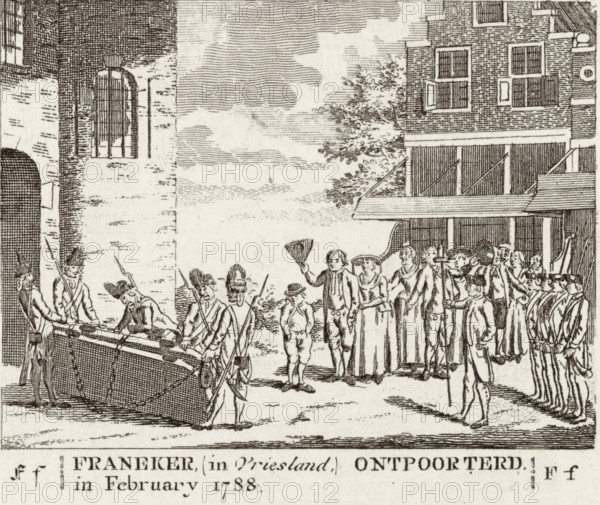 Franeker, (in Friesland, ) Deported in February 1788, Removal of the doors of the city gate in Franeker, 1788, print, The removal of the doors of the city gate of Franeker, February 1788. Picture belonging to the letter F from an ABC book., printmaker, Northern Netherlands, paper, etching, height 96 mm x width 122 mm, Used as an illustration in: Vorstelyke koninglyke en princelyke atlas, en dagboek van Nederlandsche evenementen, in de laatste jaaren voorgevallen. En eerlijk vaderlandsch, AB book. Amsterdam: Willem Coertse, 1790., Period, 1788-02, A detailed pen-and-ink scene shows a street with a group of people gathered in front of a row of brick buildings with shuttered windows and an awning, a tree partially visible behind them, and a tall arched window set into a large wall to the left; men in period clothing stand and gesture, some holding long poles or tools and one holding a hat aloft, while others appear to be working on or lifting a large chained chest or cart; figures include...