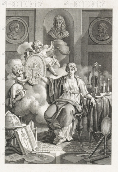 Physics in the Felix Meritis Society, 1789, print, Allegory of Physics practiced in the Felix Meritis Society in Amsterdam. Personification of Physics seated beside a table on which stands an electrostatic machine. On the floor a globe, books on anatomy, and other physics instruments. On the wall a bust of Christian Huygens and medallion portraits of Newton and Descartes. On the occasion of the inauguration of the 'Theatre for the Department of Natural Sciences' on November 20, 1789., printmaker: Noach van der Meer (II), Northern Netherlands, after drawing by Jacques Kuyper, 1789 - 1790, paper, etching, engraving, etching and engraving, proof print before the lettering, height 239 mm x width 155 mm, Used as an illustration in: Andreas Bonn. Speeches at the inauguration of the completed drawing room for the Department of Drawing, and of the lecture hall for the Department of Natural Sciences, in the building of the Felix Meritis Society in Amsterdam. Amsterdam: JC Sepp and A. Fokke Simo...