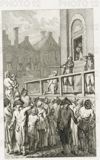 Execution of Mayor Cornelis van der Burgh in Leeuwarden, 1789, print, Execution of Cornelis van der Burg, outspoken patriotic mayor of Bolsward, in Leeuwarden on May 16, 1789. As the mayor kneels on the scaffold, the executioner holds the sword above his head and the death sentence is commuted to a banishment of twenty years., printmaker: Reinier Vinkeles (I), Northern Netherlands, after drawing by Jacobus Buys, 1799, paper, etching, engraving, etching and engraving, proof print before the letter, height 242 mm x width 146 mm, Used as illustration in: PA Loosjes. Patriotic history, containing the histories of the United Netherlands, in the immediate continuation of Wagenaar's Patriotic history. Amsterdam: Johannes Allart, vol. 22 (1799)., Person, Cornelis van der Burg, violent death by hanging, pardon, reprieve, Patriot Period (1780-1795), Leeuwarden, Period, 1789-01-24, A crowded outdoor scene shows a raised wooden platform attached to a building with an arched doorway, where several ...