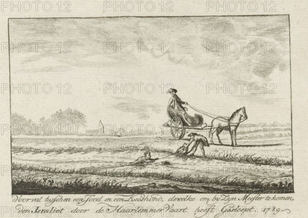Incident between a Jew and a Keeshond, 1789, who, in order to get to His Master, dragged the Israelite through the Haarlemmer Vaart. 1789, print, Landscape with a carriage by the Haarlemmertrekvaart. A Keeshond drags a Jew, to whom the dog had been sold, through the water to the other side and back to his former master. The - fictional? - incident should probably be interpreted as a political analogy. On the sheet below the plate, a verse of 24 lines., printmaker, Northern Netherlands, paper, etching, engraving, letterpress printing, etching and engraving, text in letterpress, height 294 mm x width 182 mm, anti-semitism, Patriot Era (1780-1795), Haarlemmertrekvaart, Period, A wide landscape etching showing a flat riverside scene under a sky with fine horizontal hatch marks suggesting clouds; near the center a horse faces right and is harnessed to a two-wheeled cart carrying a seated person wearing a hat and coat who holds the reins; in the foreground a man stands at the water’s edge pu...