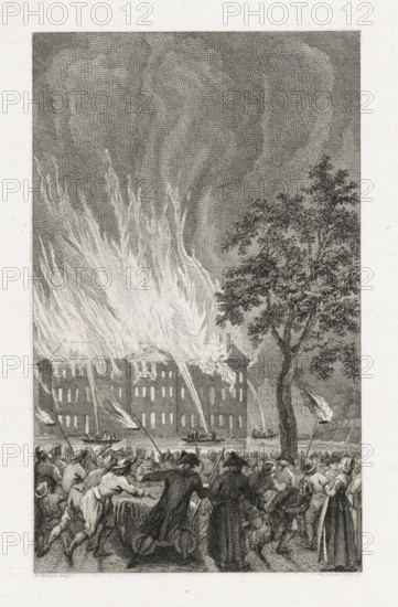 Fire in the National Naval Storehouse in Amsterdam, 1791, print, historical print, Great fire in the National Naval Storehouse in Amsterdam on July 6, 1791., printmaker: Reinier Vinkeles (I), Northern Netherlands, after drawing by Jacobus Buys, 1800, paper, etching, engraving, etching and engraving, proof print before the lettering, height 240 mm x width 160 mm, Used as illustration in: PA Loosjes. Vaderlandsche historie, vervattende de geschiedenissen, der Vereenigde Nederlanden, Ten onmiddelyken vervolge van Wagenaar's Vaderlandsche historie. Amsterdam: Johannes Allart, vol. 24 (1800)., on fire, ablaze, Fire in the National Naval Storehouse, Amsterdam, The National Naval Storehouse, Period, 1791-07-06, A crowded scene showing a large building engulfed in tall, bright flames that rise high into a dark, textured sky, with streams of water arcing toward the fire from boats on a body of water in front of the building; a tree stands to the right with dense foliage, and a dense group of pe...