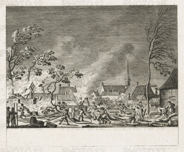 Fire in Amstelveen, 1792, print, Great fire in Amstelveen on June 25, 1792., printmaker: Cornelis Brouwer, Northern Netherlands, paper, etching, engraving, etching and engraving, proof print before the letter, height 107 mm x width 127 mm, Used as illustration in: Arend Fokke Simonsz. De vaderlandsche historie in themata. Amsterdam: Arend Fokke Simonsz., editions between 1783-ca. 1792 and in: Nieuwe vaderlandsche almanach, for the year MDCCXCIII, Amsterdam: Arend Fokke Simonsz., on fire, ablaze, Amstelveen, Period, 1792-06-25, A detailed monochrome engraving showing a village scene with rooftops and a church steeple rising toward a textured sky, trees with windswept branches framing the composition, several small buildings and chimneys clustered together, figures scattered across the foreground engaged in various activities including some pulling or carrying long objects and others standing near tools, a few animals including a horse, piles of debris and wooden beams on the ground, and...