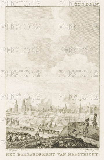 The Bombardment of Maastricht, Bombardment of Maastricht, 1793, print, Bombardment of Maastricht by the French army, February 24, 1793. Marked upper right: XXIV.D.Pl.IV., printmaker: Cornelis Bogerts, Northern Netherlands, after drawing by Jacobus Buys, 1793 - 1795, paper, etching, engraving, etching and engraving, height 128 mm x width 98 mm, Used as illustration in: J. Fokke, Geschiedenissen der Vereenigde Nederlanden voor de vaderlandsche jeugd, Johannes Allart, Amsterdam 1783-1795, 25 volumes, vol. 24, pl. 4., bombardment, siege, Maastricht, Period, 1793-02-24, A tall, narrow engraved scene shows a cloudy sky above a distant town skyline with towers and spires rising along the horizon. In the foreground, rows of uniformed soldiers stretch across a sloped field, many wearing tricorn hats and facing toward the town, while a few figures stand on rocky ground at the right edge, one with a staff or pole and another gesturing. Between foreground and town are open earthworks, trenches, an...