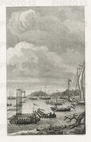 Gunboats in the Dordtsche Kil, 1793, print, historical print, The closure of the Dordtsche Kil with rafts, gunboats and several other vessels on March 29, as a defense against the French., printmaker: Reinier Vinkeles (I), Northern Netherlands, after drawing by Jacobus Buys, after print by Carel Frederik Bendorp (I), after drawing by Martinus Schouman, 1800, Carel Frederik Bendorp (I), after print by, paper, etching, engraving, etching and engraving, proof print before the letter, height 240 mm x width 157 mm, rowing-boat, canoe, chains across waterway, First Coalition War, maritime history, Dordtse Kil, Period, 1793-03-29, A vertical black and white engraving showing a busy waterfront scene with numerous small rowboats and larger sailing vessels on calm water, a wooden pier extending into the water with people aboard and near its edge, flags flying from several masts, and clusters of oarsmen in boats; the shoreline in the foreground has textured ground and low vegetation, and a leanin...