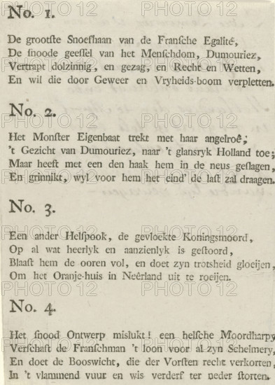 Text sheet accompanying the fold-out caricature of Dumouriez, 1793, cartoon, text sheet, Text sheet accompanying the fold-out caricature of the fall of General Charles François Dumouriez. Four verses numbered No. 1-4. With handwriting on verso., printer (person), Northern Netherlands, paper, letterpress printing, text in letterpress, height 165 mm x width 120 mm, Person, Charles François Dumouriez, First Coalition War, France, Period, The image shows a portion of an aged printed page with multiple paragraphs of serif text in a language other than English. The paper has a yellowed, slightly spotted texture and visible fiber grain. Large bold headings appear at intervals, followed by smaller body text set in regular serif type. The ink tone varies slightly, with some letters appearing darker and others lighter. The left margin shows short horizontal impressions and the text columns are aligned flush left with ragged right edges. There are faint creases and small smudges on the paper surf...