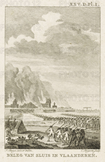 Siege of Sluis in Flanders, Siege of Sluis, 1794, print, Sluis, besieged and captured by the French on August 25, 1794. Marked upper right: XXV.D.Pl.I., printmaker: Cornelis Bogerts, Northern Netherlands, after drawing by Jacobus Buys, 1794 - 1795, paper, etching, engraving, etching and engraving, height 127 mm x width 100 mm, Used as illustration in: J. Fokke, Geschiedenissen der Vereenigde Nederlanden voor de vaderlandsche jeugd, Johannes Allart, Amsterdam 1783-1795, 25 volumes, vol. 25, pl. 1., siege, position war, First Coalition War, Period, 1794-08-25, A vertical engraved scene showing a shoreline with rows of figures in uniformed formation holding long poles or muskets, some advancing from the foreground toward the middle distance. In the foreground a small group of bareheaded men stand with long poles and a few crouch near a low earthen rampart with cannons visible behind. Midground shows water and a stretch of marshy land with reeds, and a distant fortified settlement with clu...