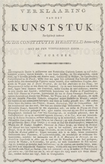 Explanation accompanying the allegory on the restoration of the Stadtholder, 1787, Explanation of the Artwork Having the Inscription on the Old Constitution Restored in the Year 1787, text sheet, Text sheet with an explanation of the representation of the print with the allegory on the restoration of Stadtholder William V in 1787., publisher: anonymous, Northern Netherlands, paper, letterpress printing, text in letterpress, height 315 mm x width 190 mm, Restoration of Stadtholder William V (1787), Period, A rectangular sheet with a decorative floral border surrounding printed content, featuring a large centered word set in bold serif type near the top, smaller lines of serif text above and below it, a short ornamental divider under a name line, and densely set paragraphs of serif text filling the lower portion of the sheet.