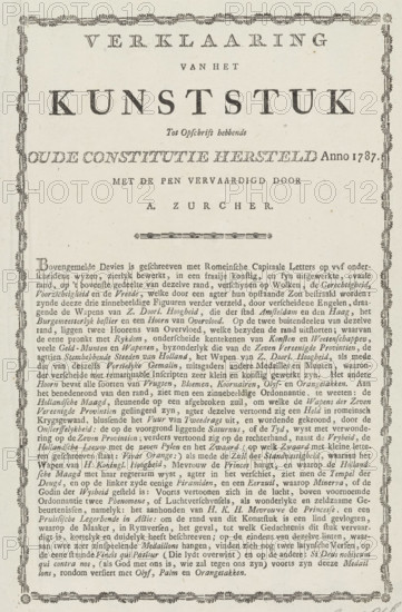 Explanation accompanying the allegory on the restoration of the Stadtholder, 1787, Explanation of the Artwork Having the Inscription on the Old Constitution Restored in the Year 1787, text sheet, Text sheet with an explanation of the representation of the print with the allegory on the restoration of Stadtholder William V in 1787., publisher: anonymous, Northern Netherlands, paper, letterpress printing, text in letterpress, height 300 mm x width 190 mm, Restoration of Stadtholder William V (1787), Period, A rectangular printed sheet with a decorative floral border around the edges and a large bold title line near the top in a dark serif typeface. Below the title is a smaller line of text in a lighter serif style, followed by a prominent wide word in heavy uppercase letters centered on the page. Additional short lines of varying serif type appear beneath this, including one centered name with spaced letters and a small ornamental divider. The lower half of the page is filled with dense ...