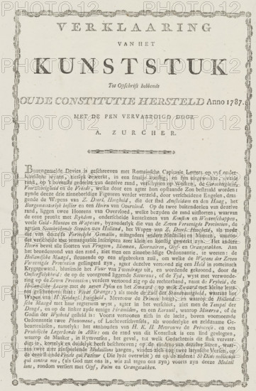 Explanation accompanying the allegory on the restoration of the Stadtholder, 1787, Explanation of the Artwork Having the Inscription on the Old Constitution Restored in the Year 1787, text sheet, Text sheet with an explanation of the representation of the print with the allegory on the restoration of Stadtholder William V in 1787., publisher: anonymous, Northern Netherlands, paper, letterpress printing, text in letterpress, height 315 mm x width 200 mm, Restoration of Stadtholder William V (1787), Period, The image shows an aged document page with decorative borders and multiple lines of printed text in varying typefaces and sizes, including a large bold title near the top and smaller paragraphs filling the lower portion; ornamental flourishes and a horizontal decorative line separate sections, and the paper has a slightly yellowed tone with small speckles and signs of wear.