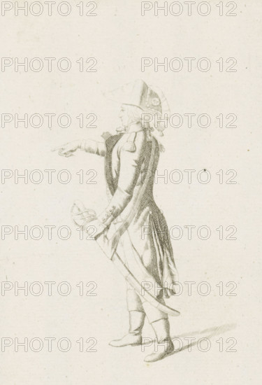 Pointing French officer, French infantry in the Netherlands in 1795, print, A pointing French officer, saber in hand. Part of a series of fifteen plates of French infantry, mainly soldiers and a few officers, in irregular uniform or clothing, as it arrived in the Republic in 1795., printmaker: August Christian Hauck, Northern Netherlands, printmaker: Cornelis Bakker, 1795, paper, etching, engraving, etching and engraving, height 155 mm x width 105 mm, These plates belong to a larger group of which the Atlas van Stolk also has a part (colored)., clothes, costume, (military) uniforms (infantry), French period, infantry, Period, A pencil or ink drawing of a standing figure in profile facing left, wearing a tricorne hat with decorative elements and a tied ribbon at the back, a long coat with buttons and a cape draped over the shoulders, knee-high boots, and holding a sheathed sword by the hilt in the left hand while the right arm is extended and pointing.