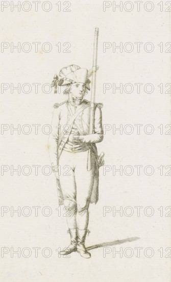 Standing French soldier, French infantry in the Netherlands in 1795, print, A standing French soldier. Part of a series of fifteen plates of French infantry, mainly soldiers and a few officers, in irregular uniform or clothing, as it arrived in the Republic in 1795., printmaker: August Christian Hauck, Northern Netherlands, printmaker: Cornelis Bakker, 1795, paper, etching, engraving, etching and engraving, height 155 mm x width 105 mm, These plates belong to a larger group of which the Atlas van Stolk also has a part (colored)., clothes, costume, (military) uniforms (infantry), French period, infantry, Period, A finely detailed pencil or ink drawing of a standing figure in historical military dress, shown full length against a plain textured background, wearing a tricorne-style hat with ribbons and a long coat with shoulder epaulettes, a crossbelt across the chest, a waistcoat with buttons, fitted breeches, and boots with tied straps, holding a long musket upright with one hand while ...