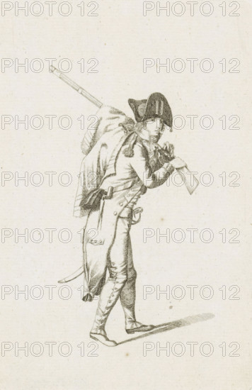 Standing French soldier, French infantry in the Netherlands in 1795, print, A French soldier, walking to the right. Part of a series of fifteen plates of French infantry, mainly soldiers and a few officers, in irregular uniform or clothing, as it arrived in the Republic in 1795., printmaker: August Christian Hauck, Northern Netherlands, printmaker: Cornelis Bakker, 1795, paper, etching, engraving, etching and engraving, height 155 mm x width 105 mm, These plates belong to a larger group of which the Atlas van Stolk also has a part (colored)., clothes, costume, (military) uniforms (infantry), French period, infantry, Period, A finely detailed monochrome line drawing of a standing soldier wearing a bicorn hat and a long coat with buttons and decorative stitching, carrying a long firearm over one shoulder and holding its stock with both hands, a large rolled blanket or cloak strapped across his back, tall buttoned gaiters over his lower legs and simple shoes, a sword hanging at his side, ...