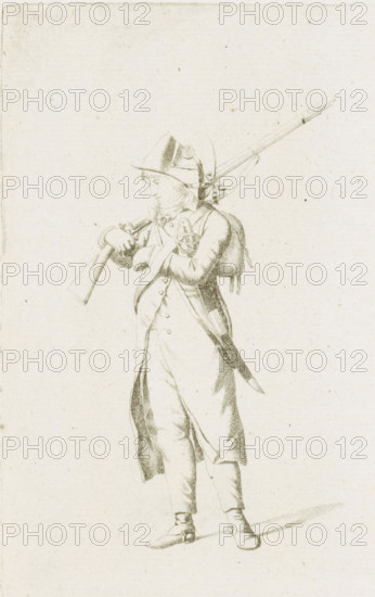 Standing French soldier, French infantry in the Netherlands in 1795, print, A standing French soldier, facing left. Part of a series of fifteen plates of French infantry, mainly soldiers and a few officers, in irregular uniform or clothing, as it arrived in the Republic in 1795., printmaker: August Christian Hauck, Northern Netherlands, printmaker: Cornelis Bakker, 1795, paper, etching, engraving, etching and engraving, height 155 mm x width 105 mm, These plates belong to a larger group of which the Atlas van Stolk also has a part (colored)., clothes, costume, (military) uniforms (infantry), French period, infantry, Period, A delicate pencil drawing of a standing figure wearing a brimmed hat with a ribbon, a long coat with visible buttons, breeches, and buckled shoes, holding a long firearm slung over the shoulder and gripping its stock with one hand while the other arm crosses the chest, a knapsack or bag is strapped on the back and a sword or bayonet hangs at the side, all rendered i...