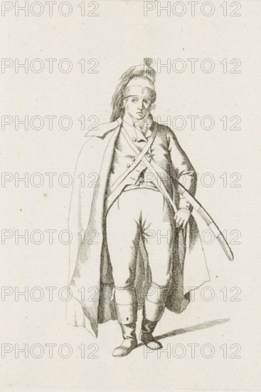 Standing French soldier, French infantry in the Netherlands in 1795, print, A standing French soldier, from the front. Part of a series of fifteen plates of French infantry, mainly soldiers and a few officers, in irregular uniform or clothing, as it arrived in the Republic in 1795., printmaker: August Christian Hauck, Northern Netherlands, printmaker: Cornelis Bakker, 1795, paper, etching, engraving, etching and engraving, height 155 mm x width 105 mm, These plates belong to a larger group of which the Atlas van Stolk also has a part (colored)., clothes, costume, (military) uniforms (infantry), French period, infantry, Period, A black and white line drawing of a standing figure wearing a tall, tasseled hat and a cloak draped over the shoulders, with long hair visible under the hat. The figure has a buttoned coat with crossed straps across the chest and a scarf or cravat at the neck, and one hand rests near the hip while the other holds a curved object. The lower garments include fitted...